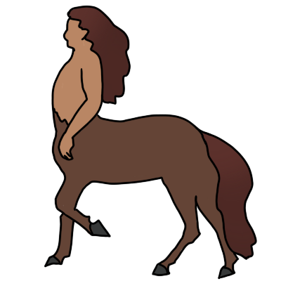 a centaur facing the left, with light brown skin, auburn long curly hair and and auburn tail, and brown coat.